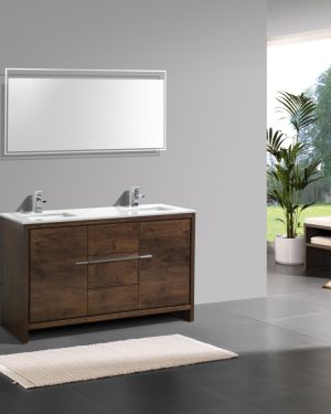 KubeBath Dolce 60″ Double Sink Rose Wood Modern Bathroom Vanity with Quartz Countertop