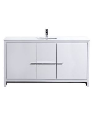 KubeBath Dolce 60″ High Gloss White Modern Bathroom Vanity with Quartz Countertop