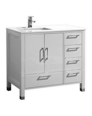 Anziano 36″ High Gloss White Vanity w/ White Countertop – Right Side Drawers