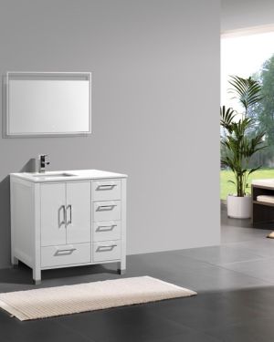 Anziano 36″ High Gloss White Vanity w/ White Countertop – Right Side Drawers