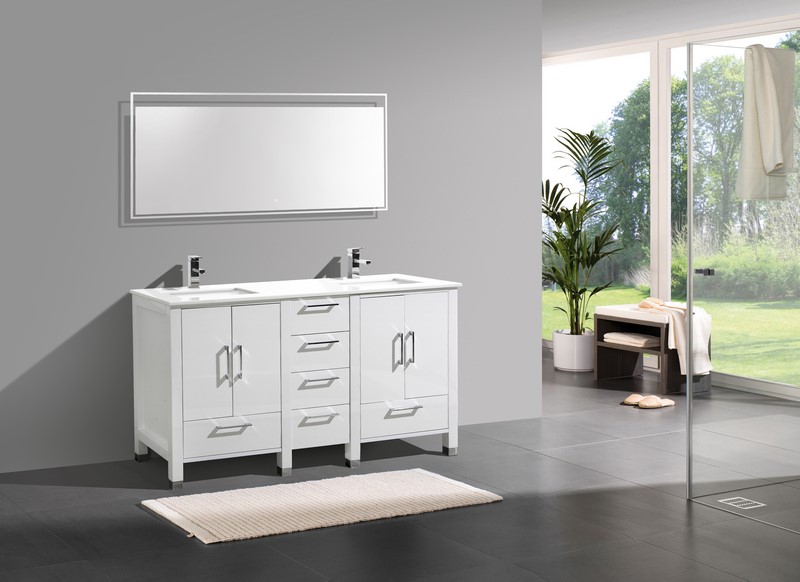 Anziano 60″ High Gloss White Double Sink Vanity w/ White Countertop
