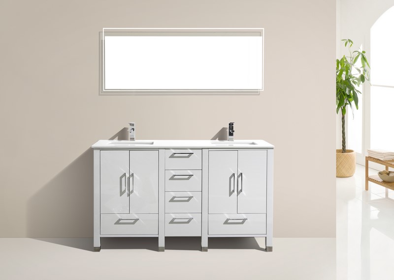 Anziano 60″ High Gloss White Double Sink Vanity w/ White Countertop
