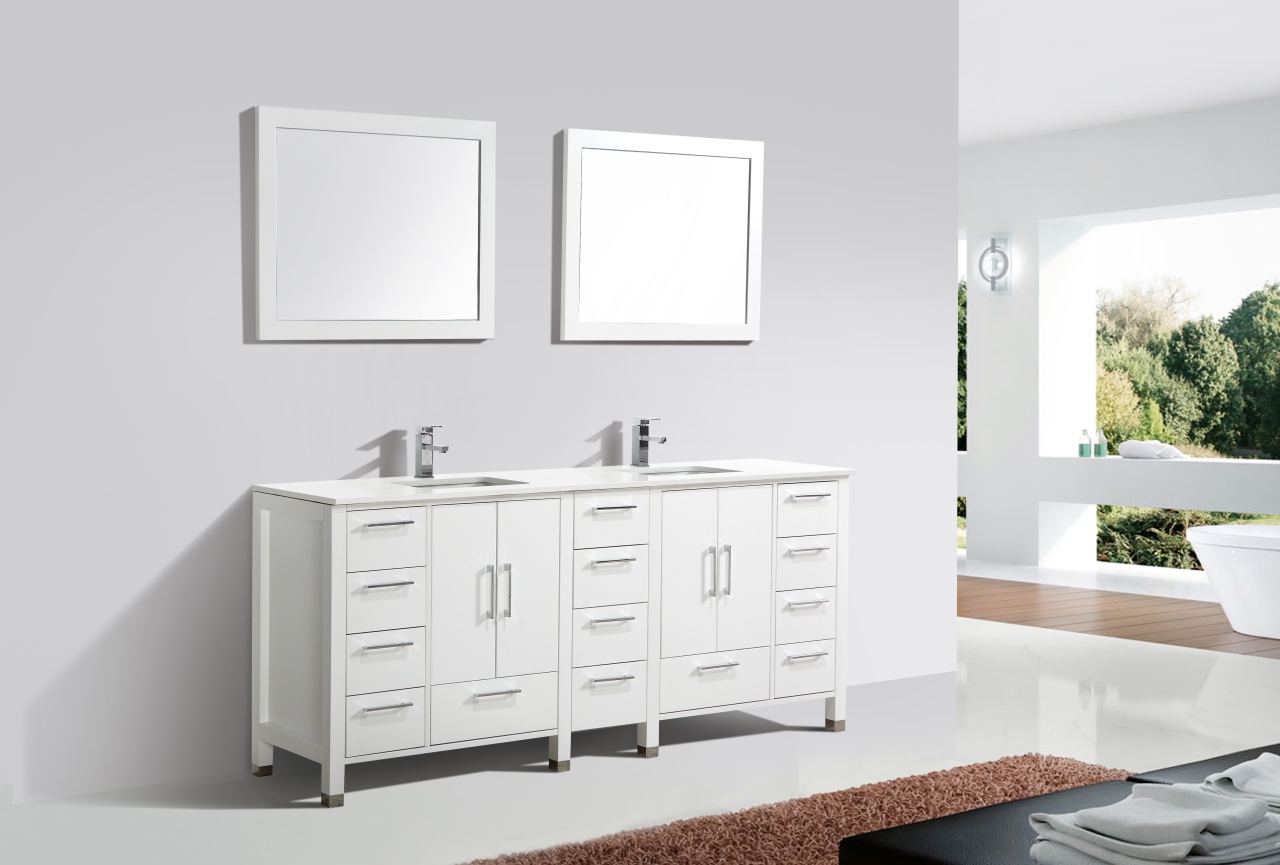 Anziano 84" High Gloss White Double Sink Vanity w/ White Countertop