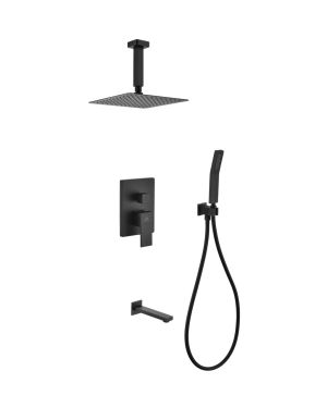 Aqua Piazza Black Shower Set w/ 8″ Ceiling Mount Square Rain Shower, Handheld and Tub Filler