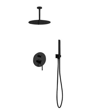 Aqua Rondo Black Shower Set w/ Ceiling Mount 12″ Rain Shower and Handheld