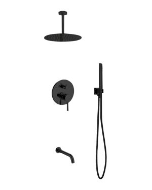Aqua Rondo Black Shower Set w/ Ceiling Mount 12″ Rain Shower, Handheld and Tub Filler
