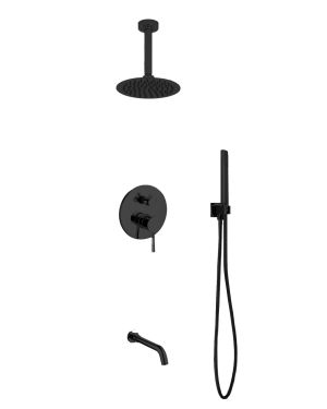 Aqua Rondo Black Shower Set w/ Ceiling Mount 8″ Rain Shower, Handheld and Tub Filler