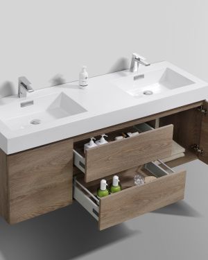 Bliss 60″ Butternut Wall Mount Double Sink Modern Bathroom Vanity
