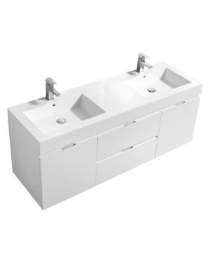 Bliss 60″ High Gloss White Wall Mount Double Sink Modern Bathroom Vanity