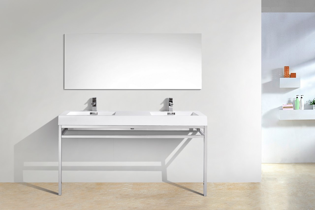Haus 60″ Double Sink Stainless Steel Console w/ White Acrylic Sink – Chrome