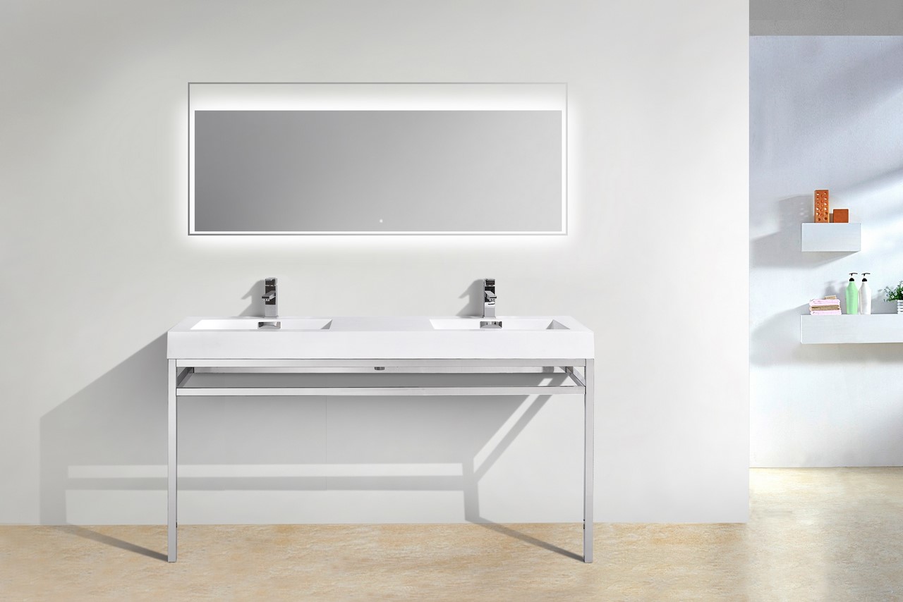 Haus 60″ Double Sink Stainless Steel Console w/ White Acrylic Sink – Chrome