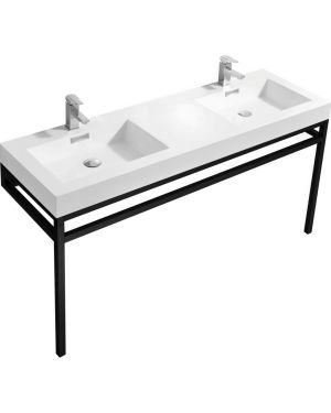 Haus 60″ Double Sink Stainless Steel Console w/ White Acrylic Sink – Matte Black