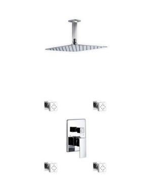 Aqua Piazza Shower Set w/ 12″ Ceiling Mount Square Rain Shower and 4 Body Jets