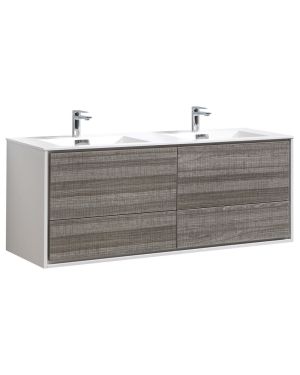 De Lusso 60″ Double Sink Ash Gray Wall Mount Modern Bathroom Vanity