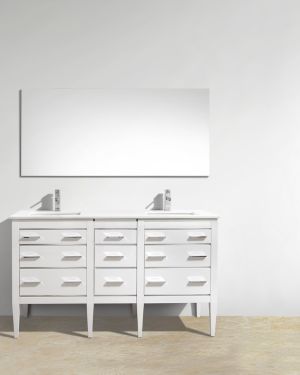 Eiffel 60″ Double Sink High Gloss White Vanity W/ White Counter Top