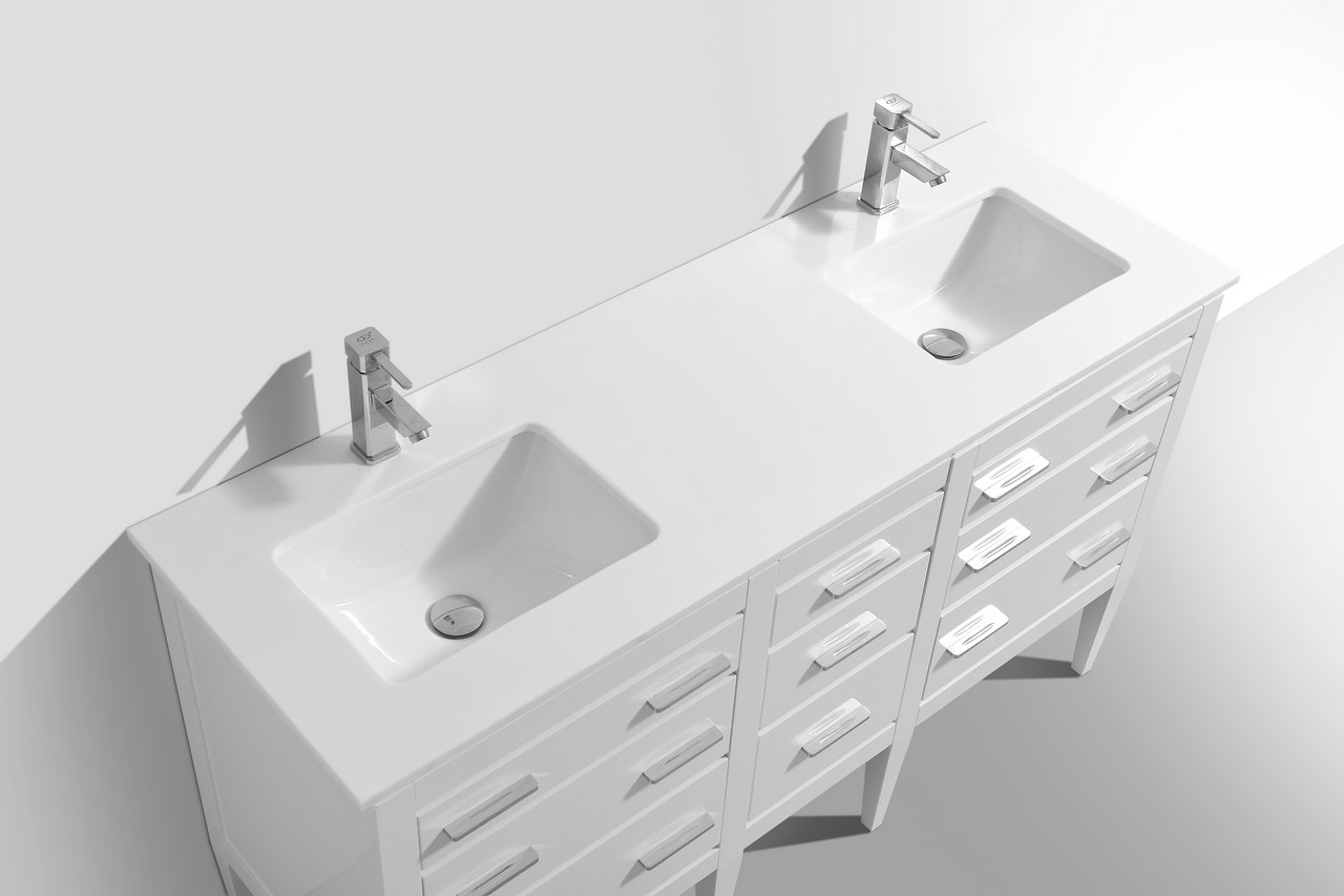 Eiffel 60″ Double Sink High Gloss White Vanity W/ White Counter Top