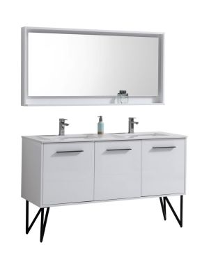Bosco 60″ High Gloss White Modern Bathroom Vanity w/ White Countertop