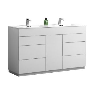 Milano 60" Double Sink High Gloss White Floor Mount Modern Bathroom Vanity