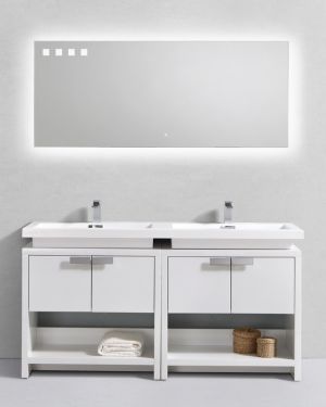 Levi 63″ High Gloss White Modern Bathroom Vanity w/ Cubby Hole