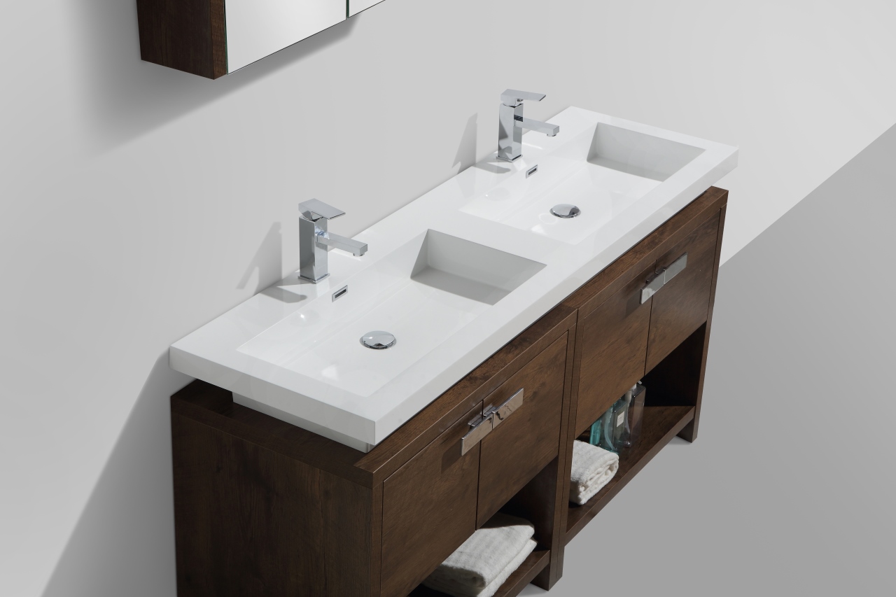 Levi 63″ Rose Wood Modern Bathroom Vanity w/ Cubby Hole