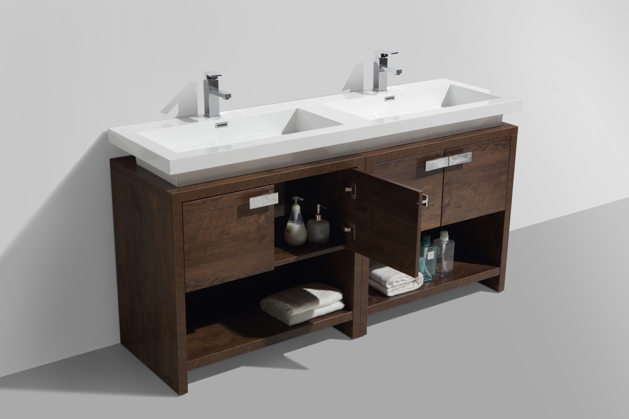Levi 63″ Rose Wood Modern Bathroom Vanity w/ Cubby Hole