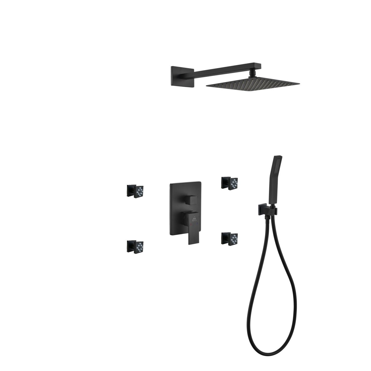 Aqua Piazza Black Shower Set w/ 8″ Square Rain Shower, 4 Body Jets and Handheld